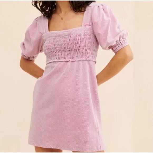 Free People Moon Flower Corduroy Mini Dress Size Medium Pink Puff Sleeve - Picture 1 of 12